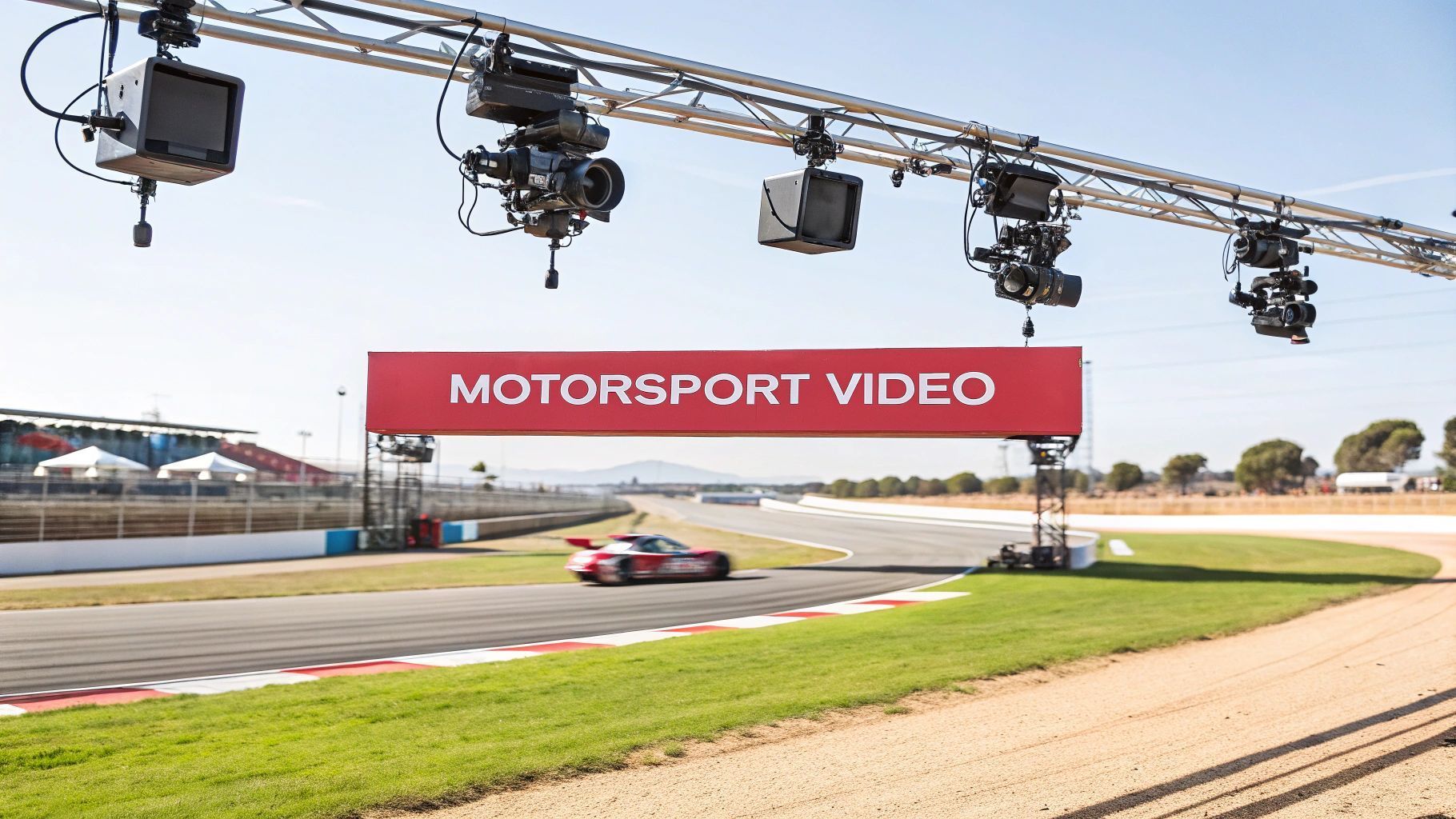Race car on a track, passing under a banner reading 