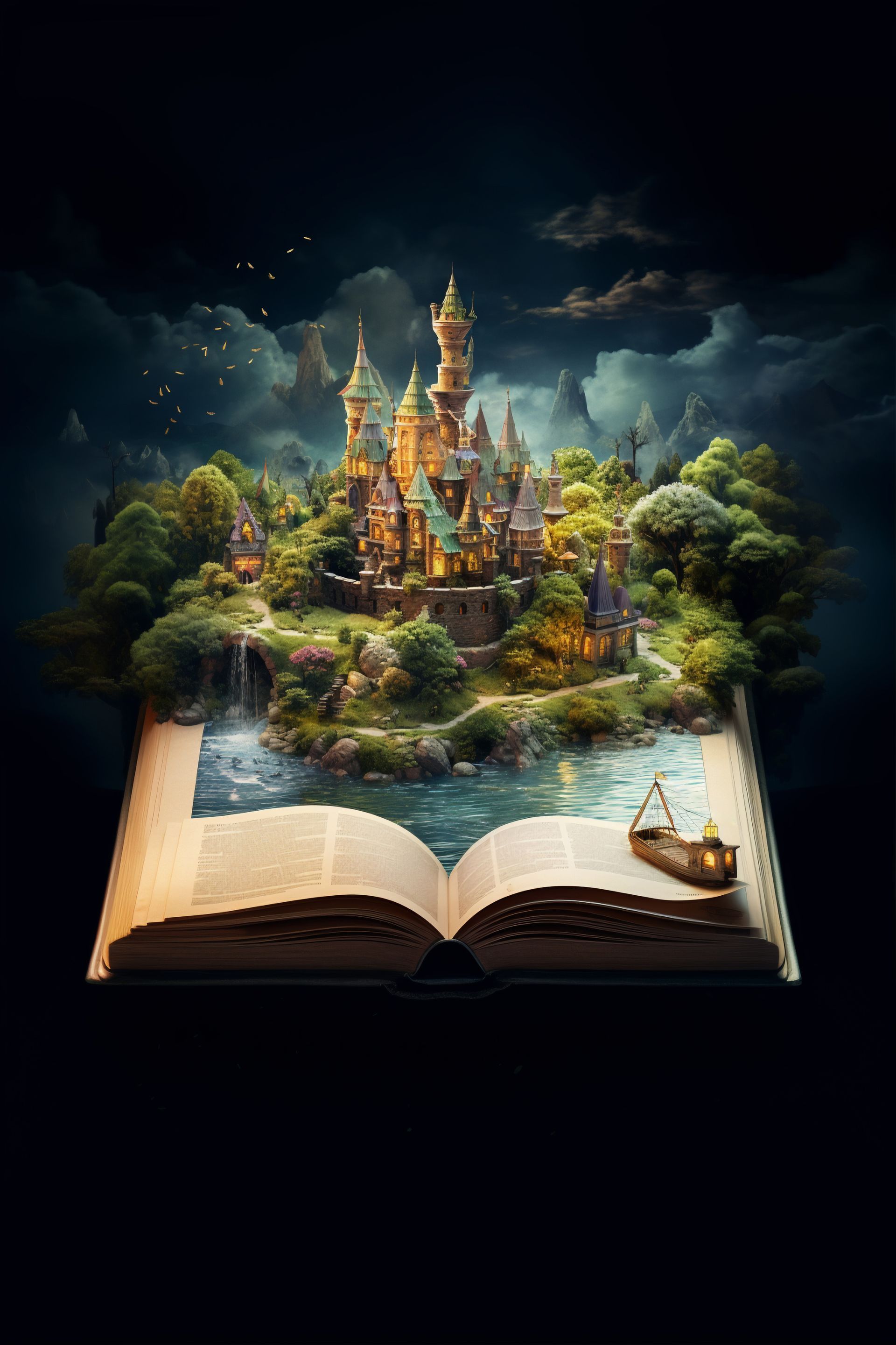 A castle is coming out of an open book.