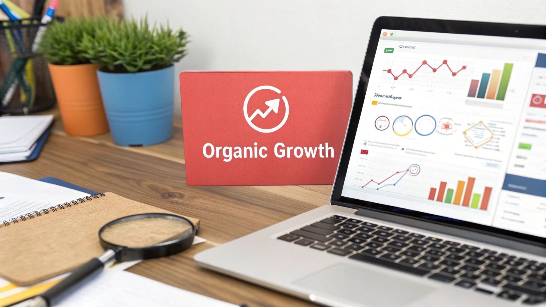 Laptop displaying graphs, magnifying glass, and sign reading 