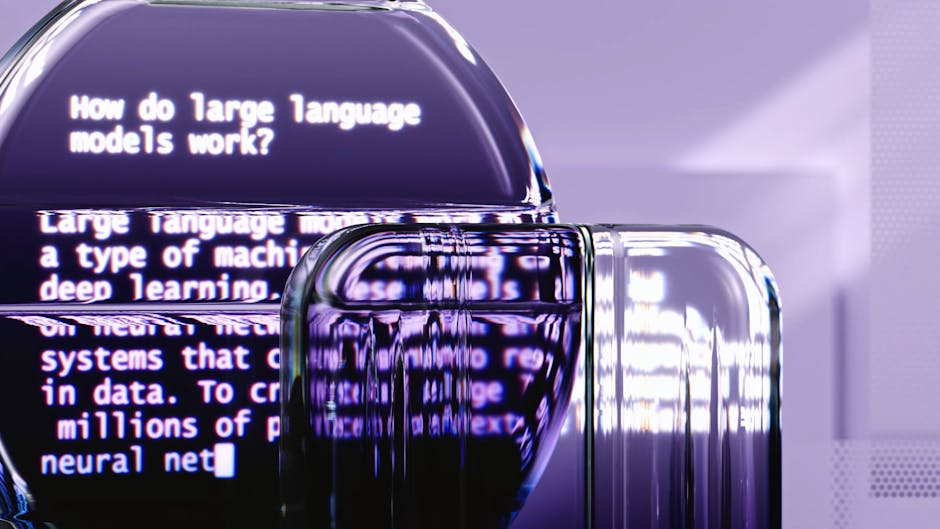 Two transparent objects with text about large language models, purple background.