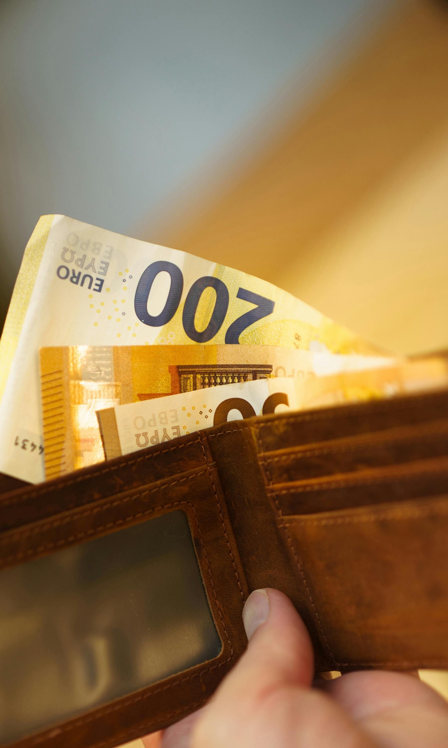 Wallet with several Euro banknotes, including a 200 Euro note.