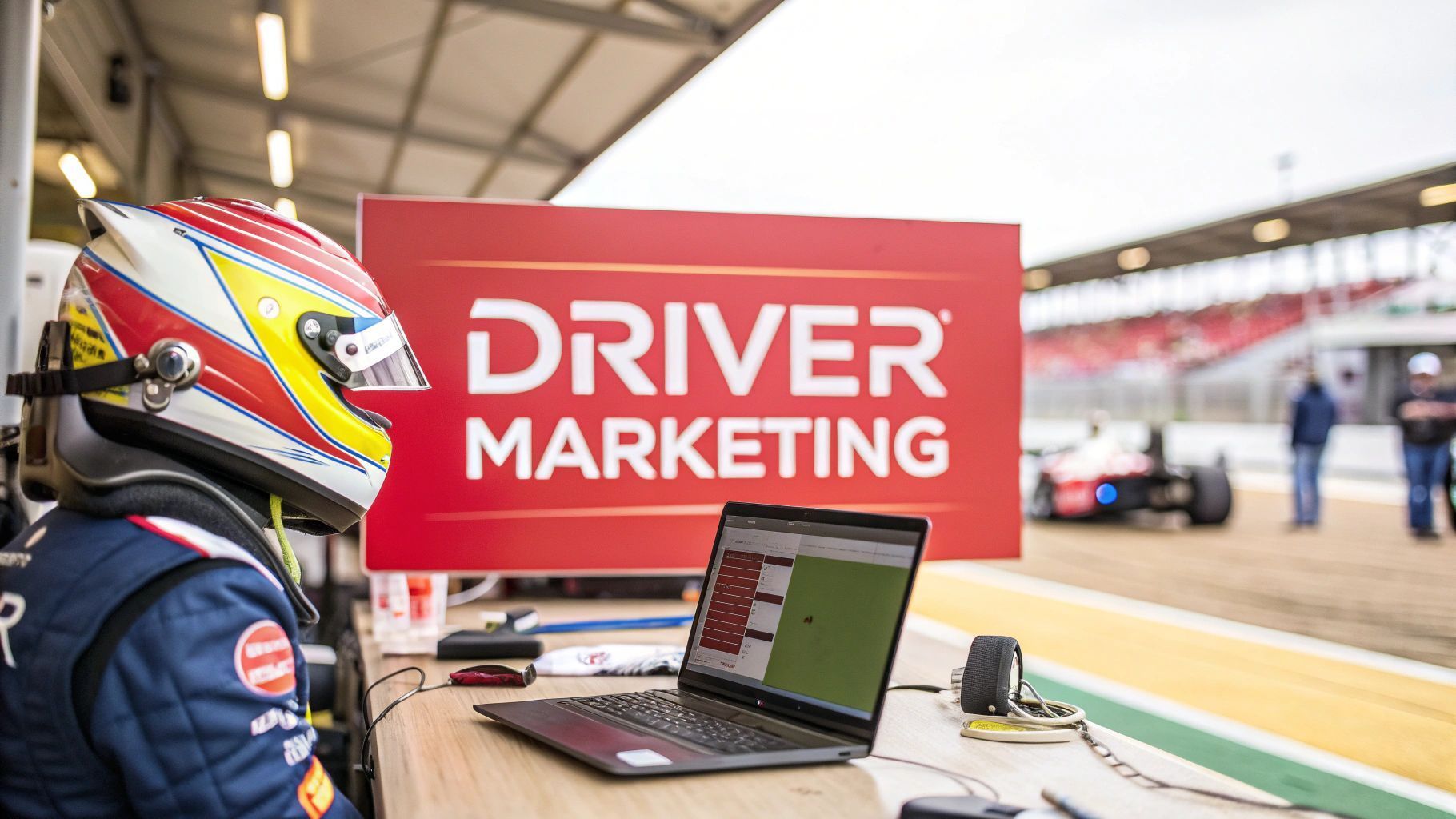 Race car driver at laptop in pit, red