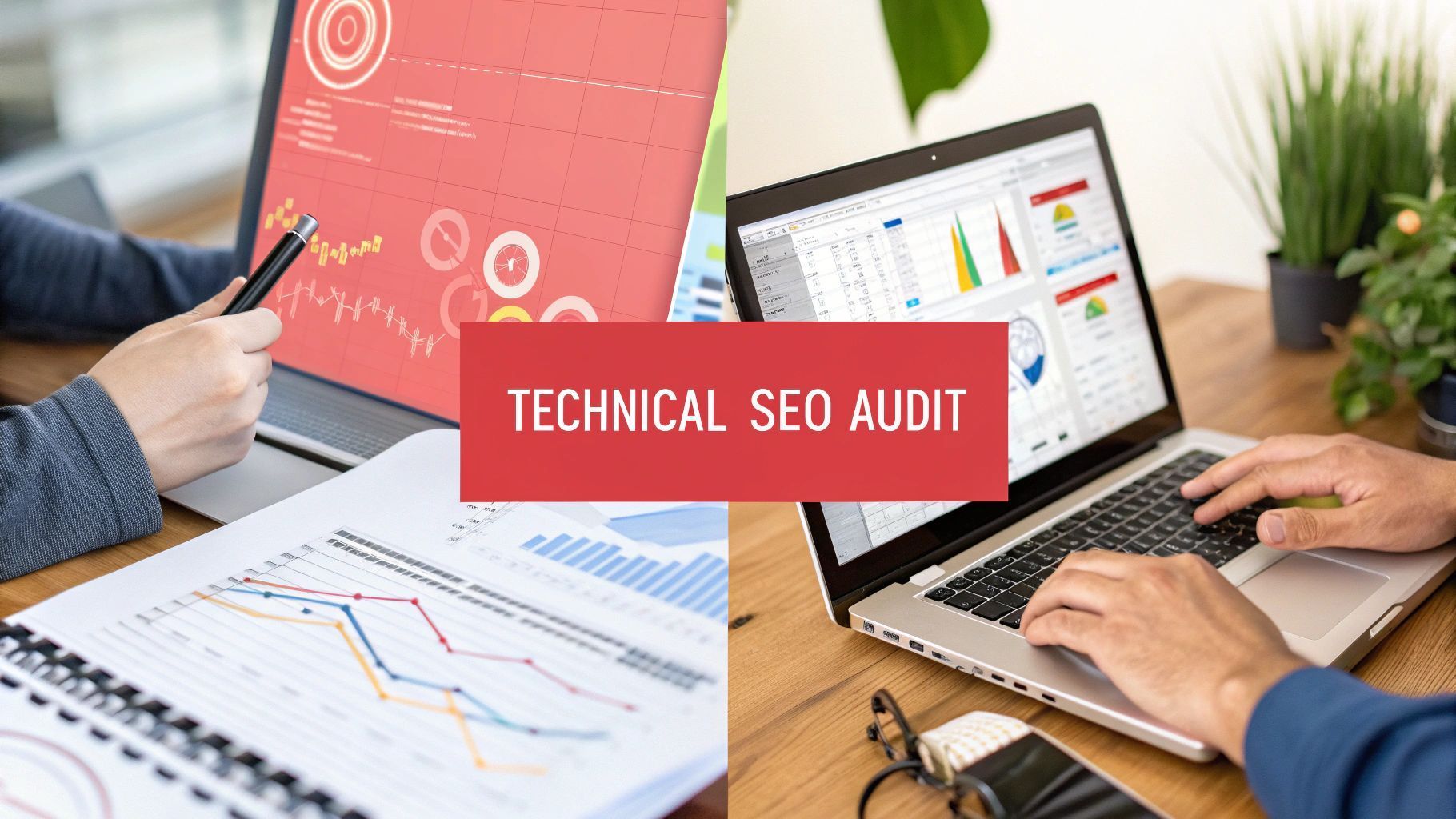 Two people analyze website data on laptops, text overlay: 