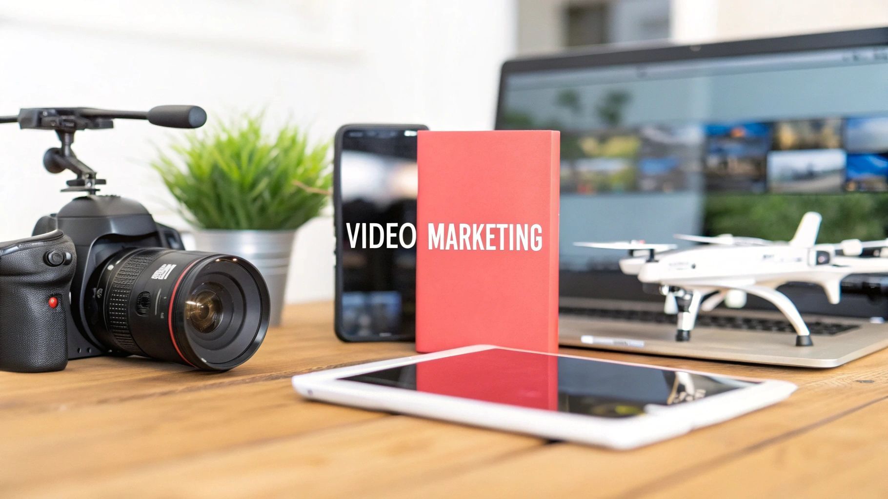 Camera, phone, tablet, drone, laptop, and plant on a wooden desk with a 