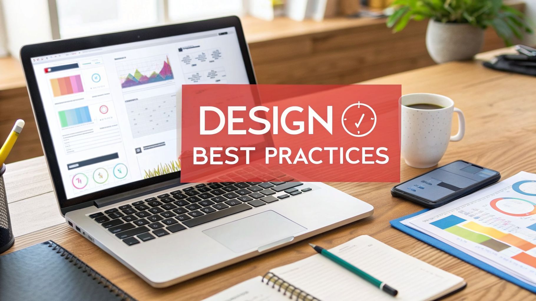 Laptop with data charts, notepad, phone, and coffee cup on a desk. Text reads