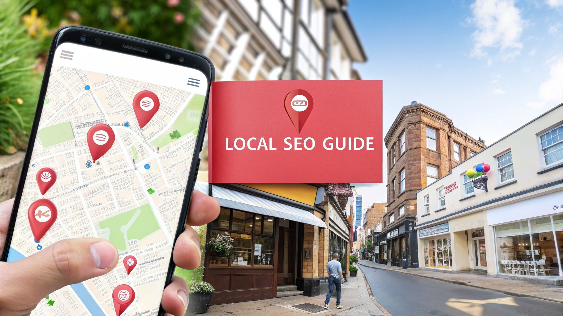 Smartphone map with red location pins, Local SEO Guide sign in city setting.