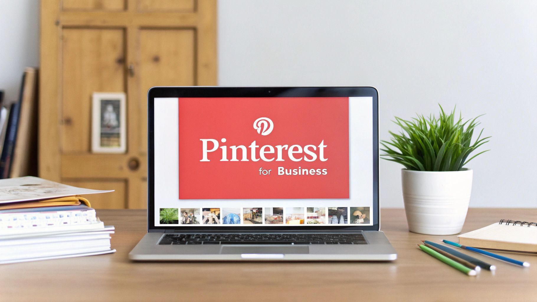 Laptop displaying Pinterest for Business logo on a wooden desk with office supplies.