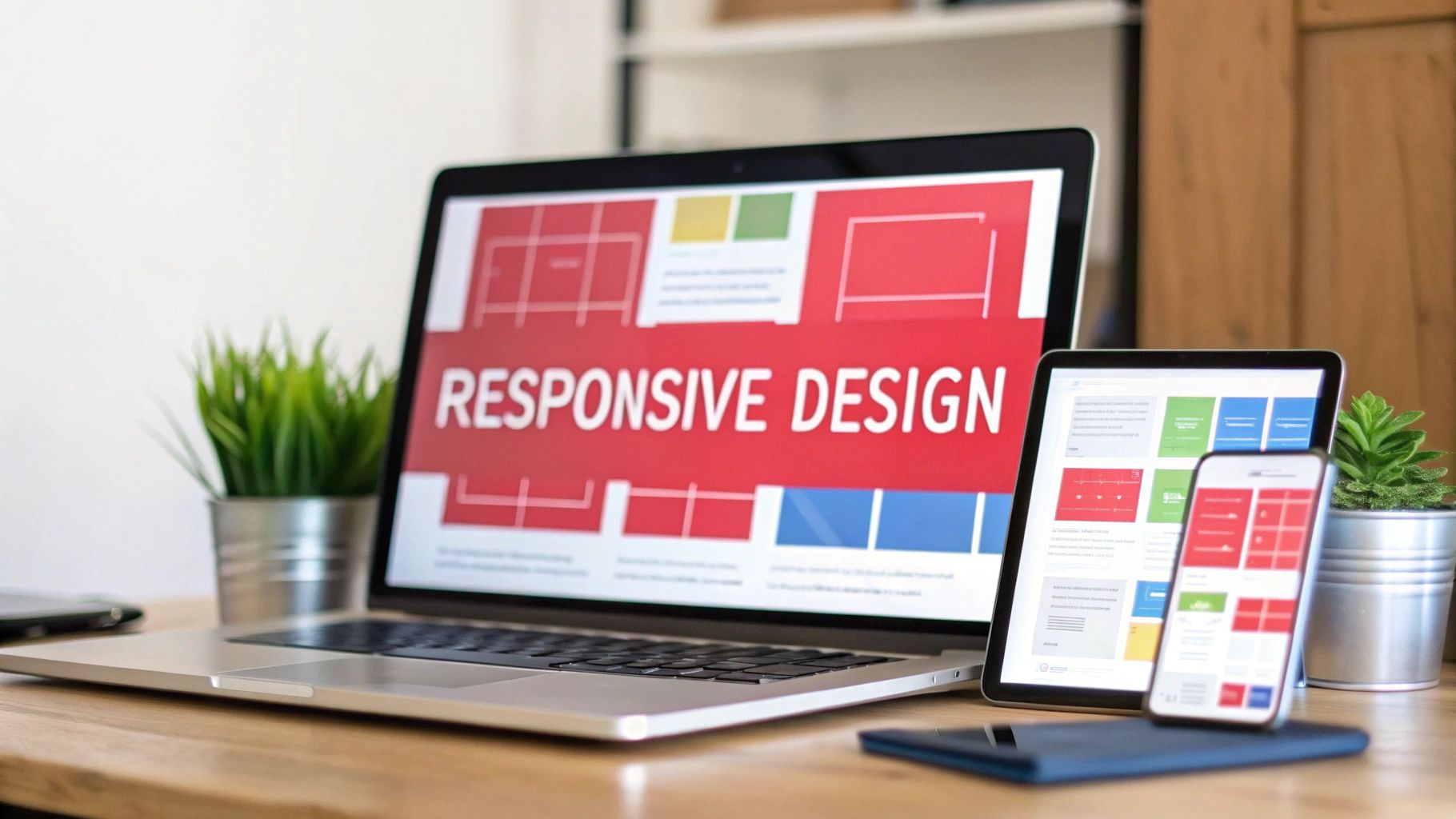 Laptop, tablet, and phone displaying 