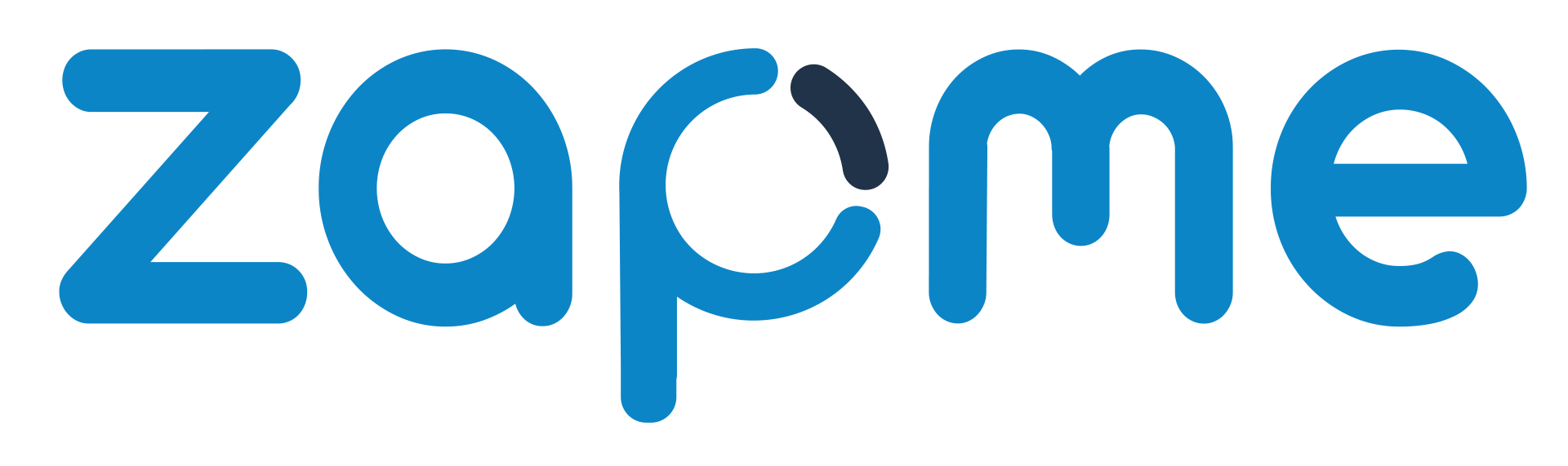 A blue zapme logo on a white background