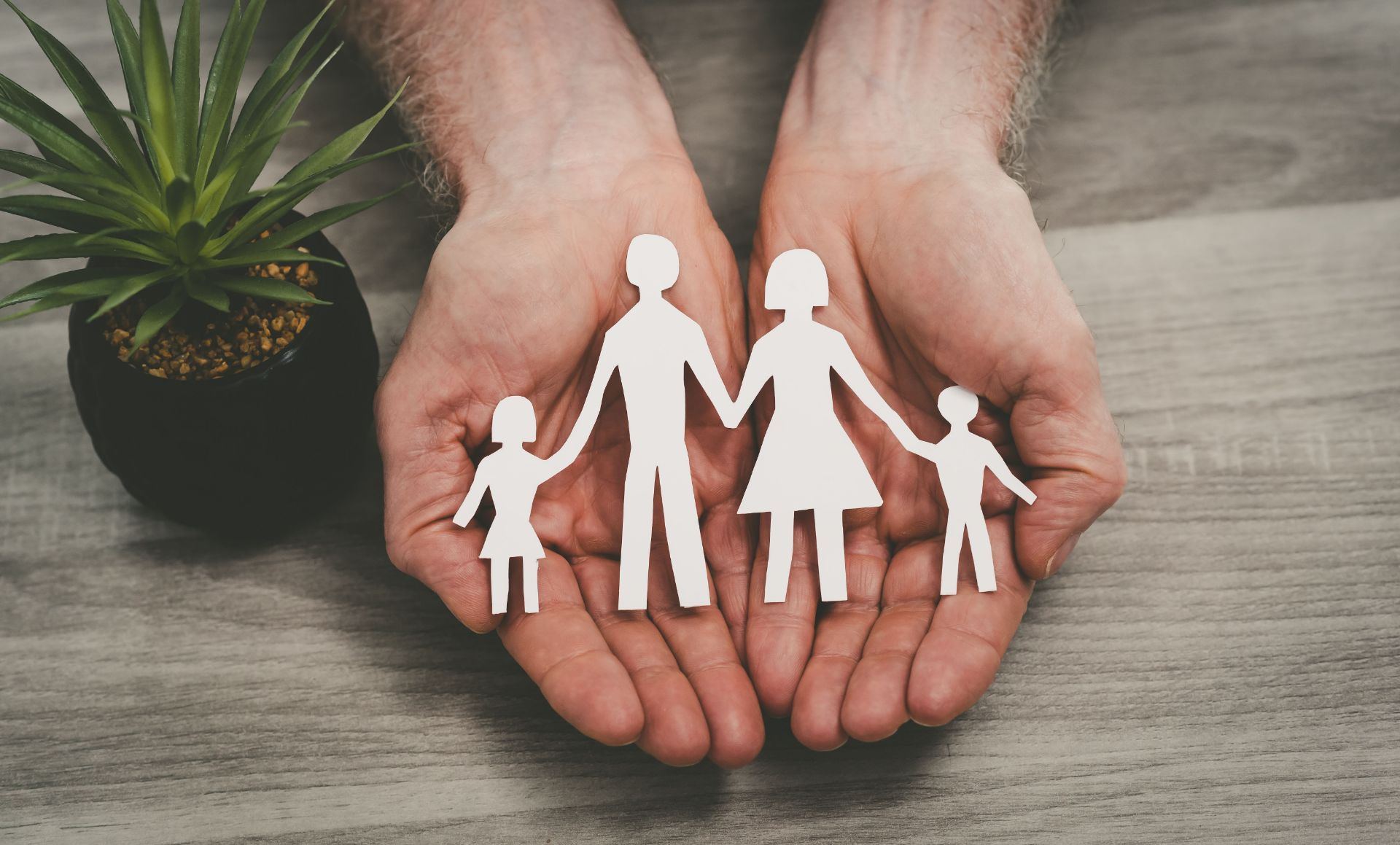 Paper family in palms of hand