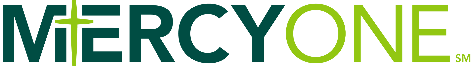 A green and white mercyone logo on a white background