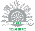Lynch's Tire and Service logo: tire, tools (wrenches, pistons, screwdrivers, spark plugs), green text.