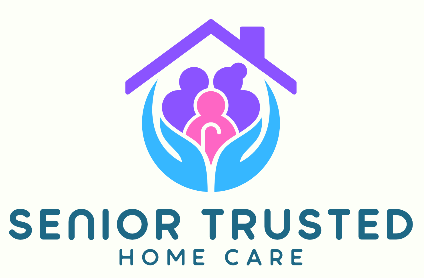 Logo: House, figures, and hands in blue, purple, and pink, 
