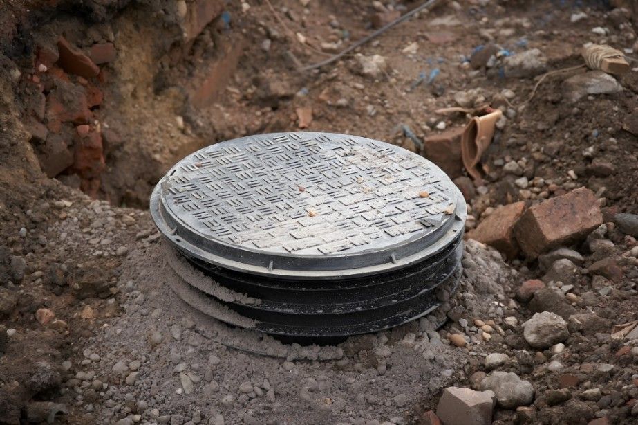 A Manhole Cover is Sitting on Top of a Pile of Dirt — Proserpine Septic Service In Cannonvale, QLD