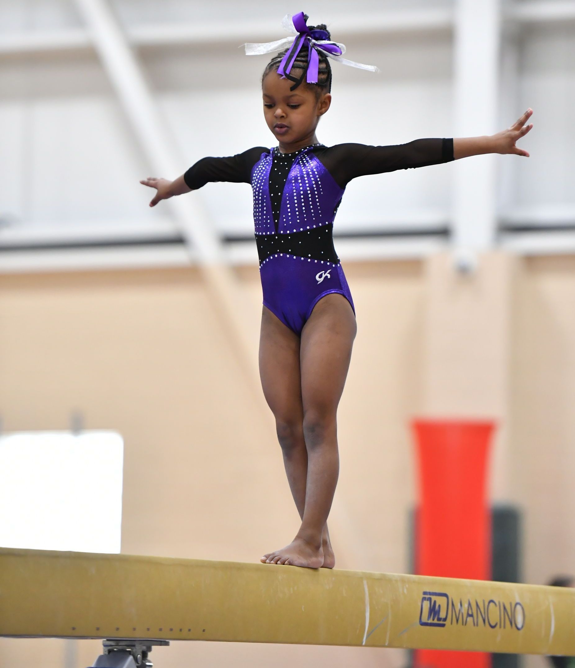 A little girl in a purple leotard is balancing on a balance beam