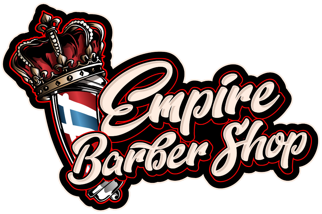 Empire Barber Shop logo: crown, barber pole, and script text on a black outline.