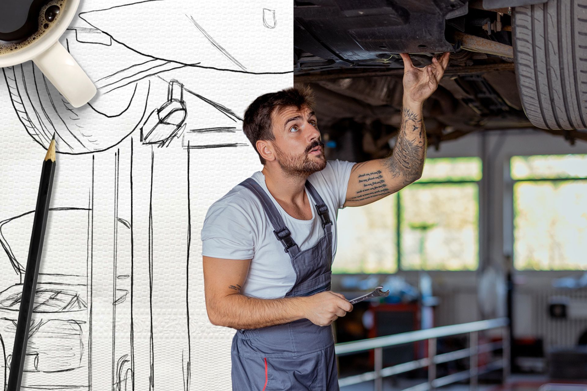Mechanic working under a car, holding a wrench in a garage.