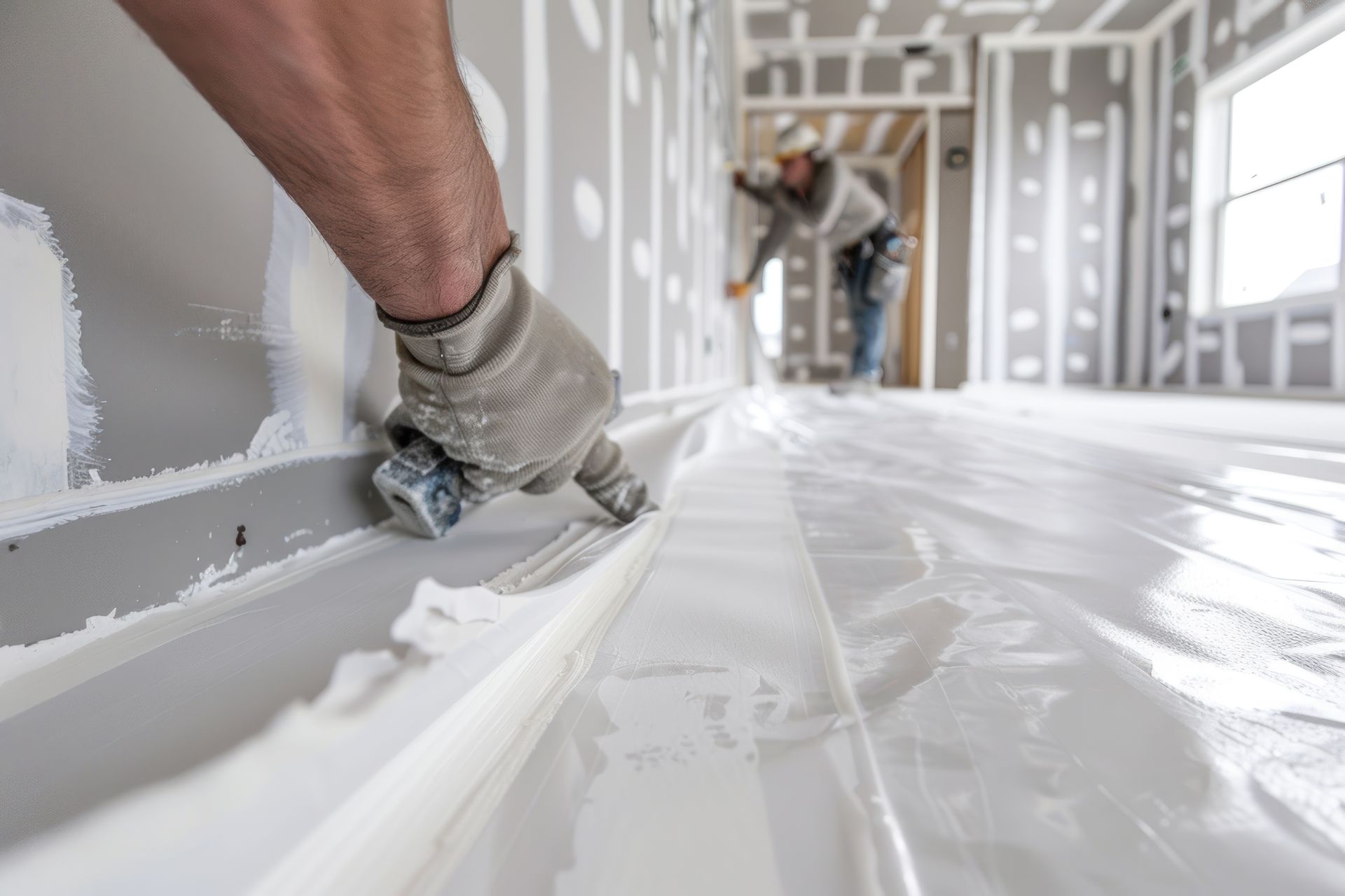 A man is plastering a room with a trowel.