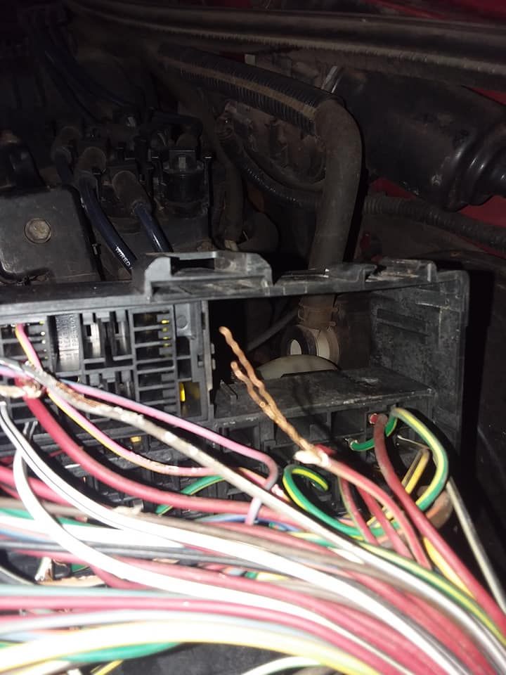 A car's fuse box with exposed wires of various colors, interior view.