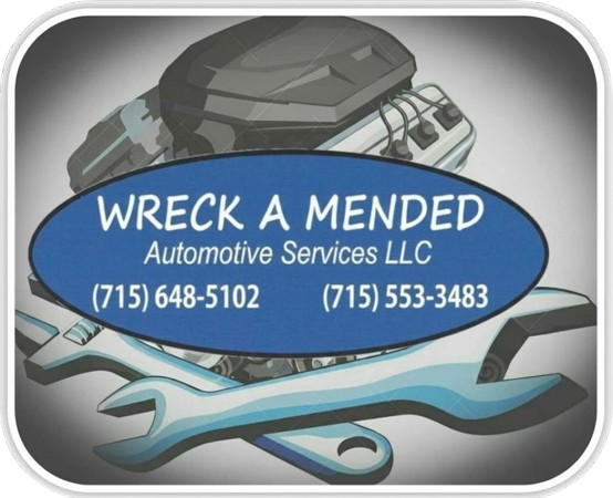 Logo for Wreck A Mended Automotive Services LLC, showing a vehicle engine and tools with contact numbers.