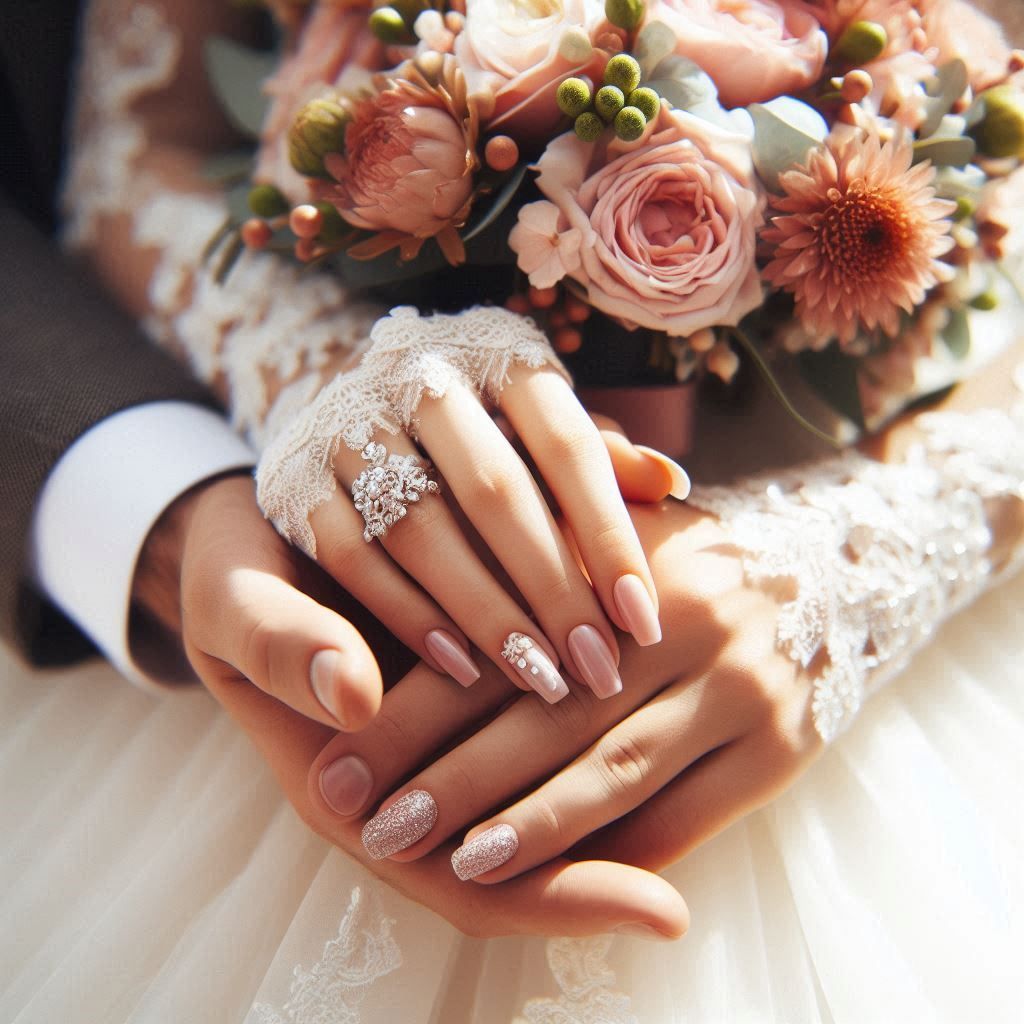 La mariée et le marié se tiennent la main et la mariée a une bague au doigt.