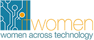 Women across Technology logo with blue circuit board graphic and orange 