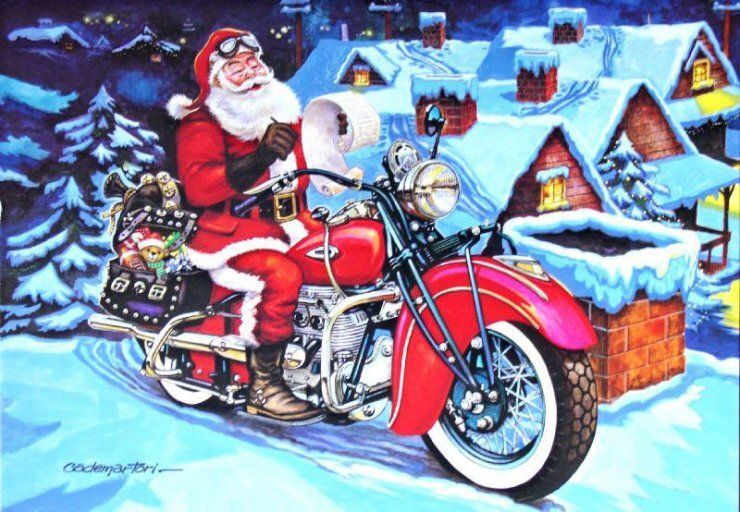A painting of santa claus riding a motorcycle in the snow