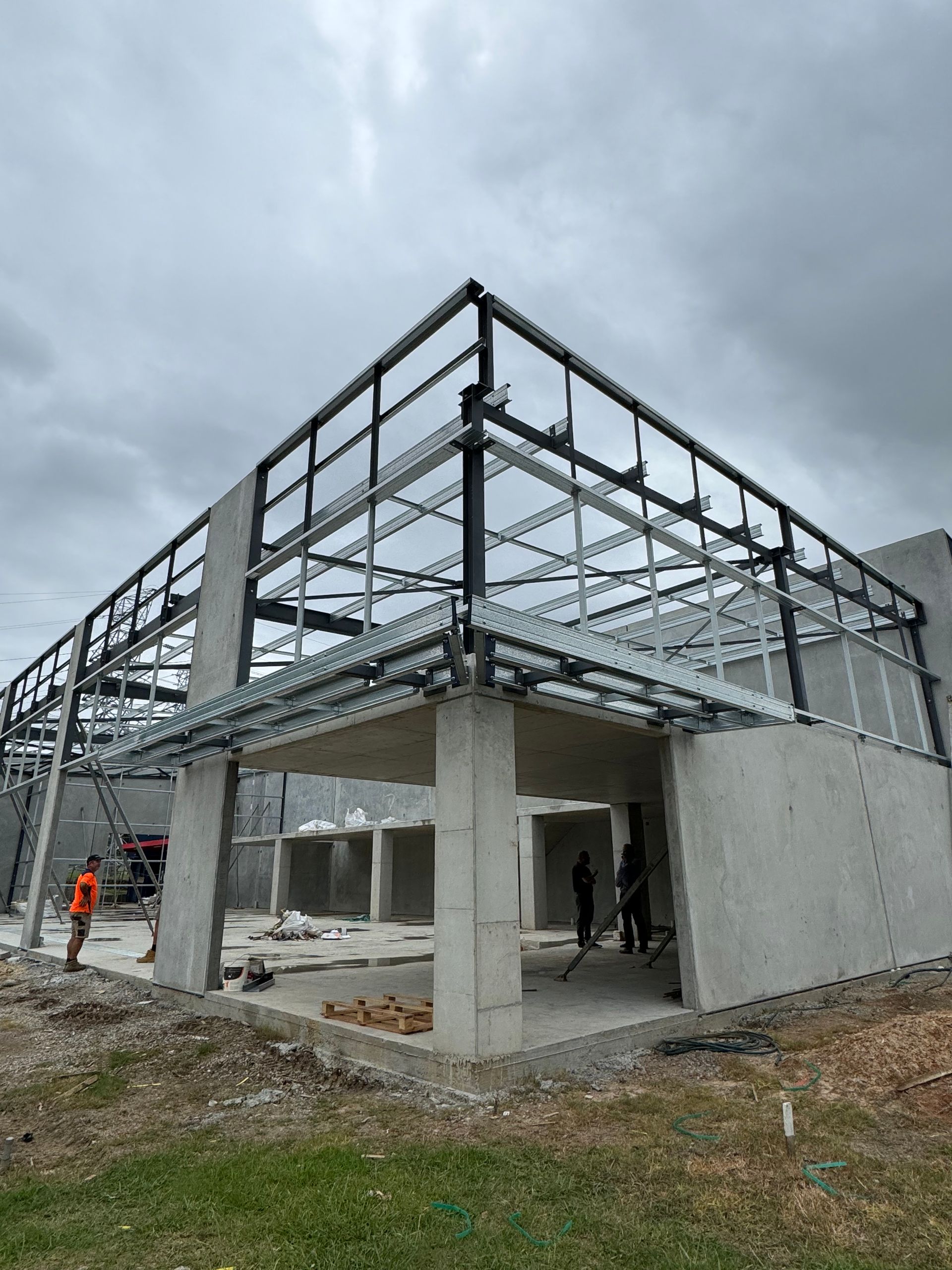 A building is being built with a metal frame.