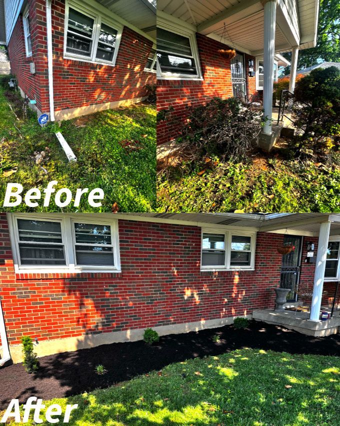 A before and after picture of a brick house.