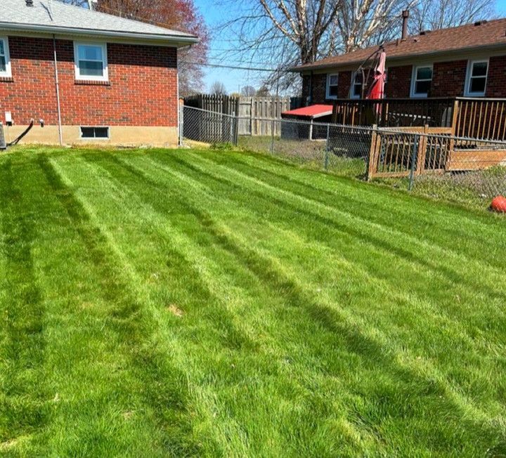 A lush green lawn in front of a brick house.