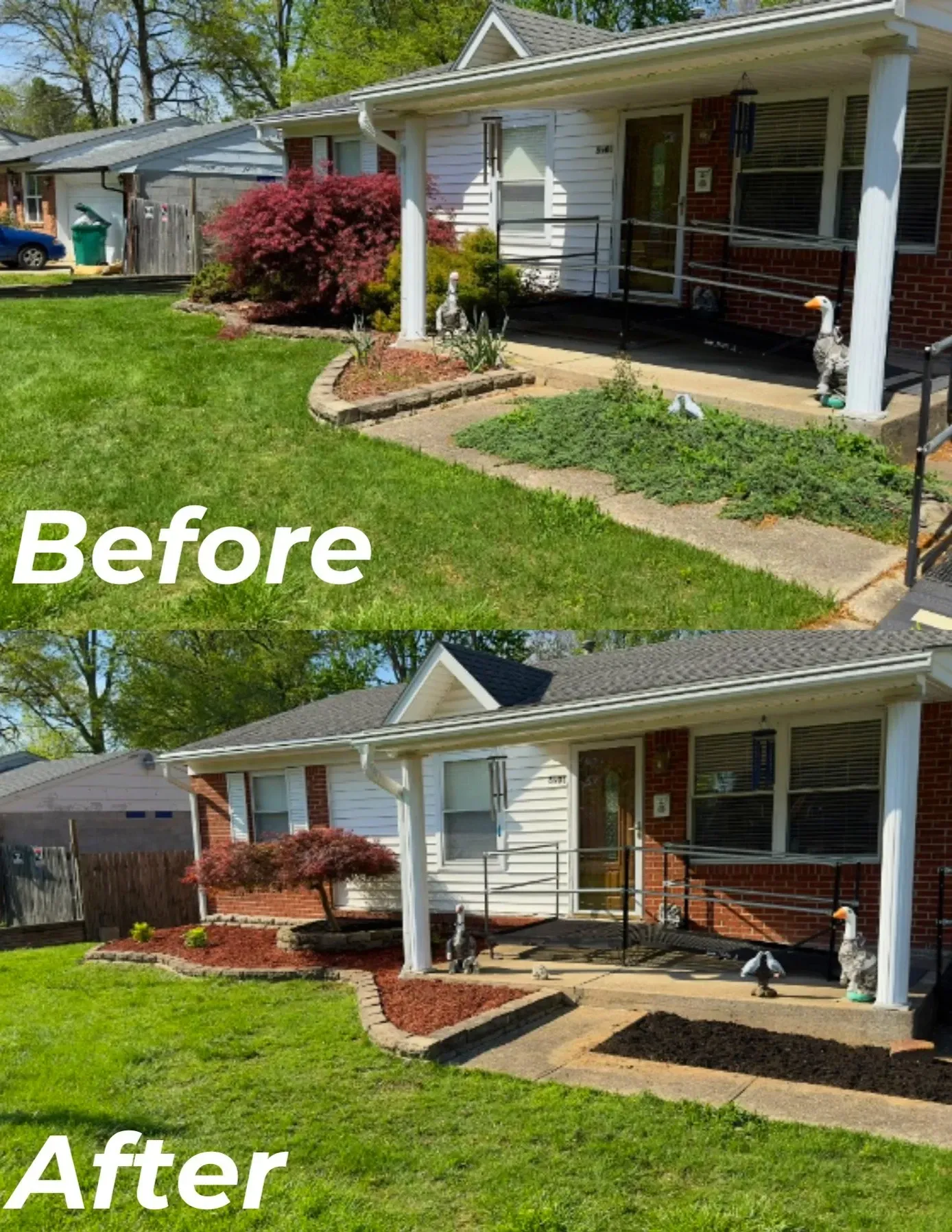 There is a before and after picture of a house.