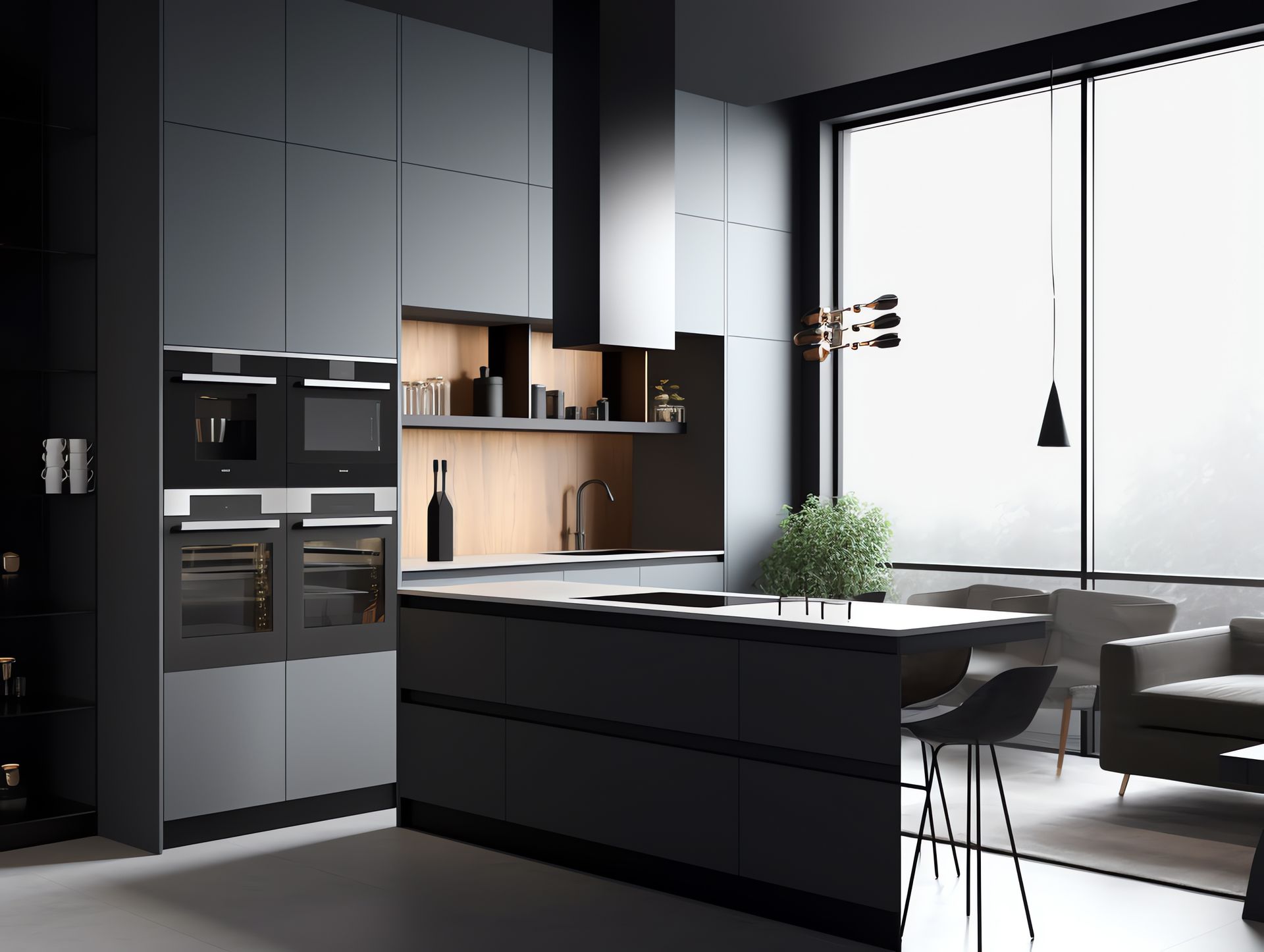 Una cucina con mobili neri e una grande isola al centro