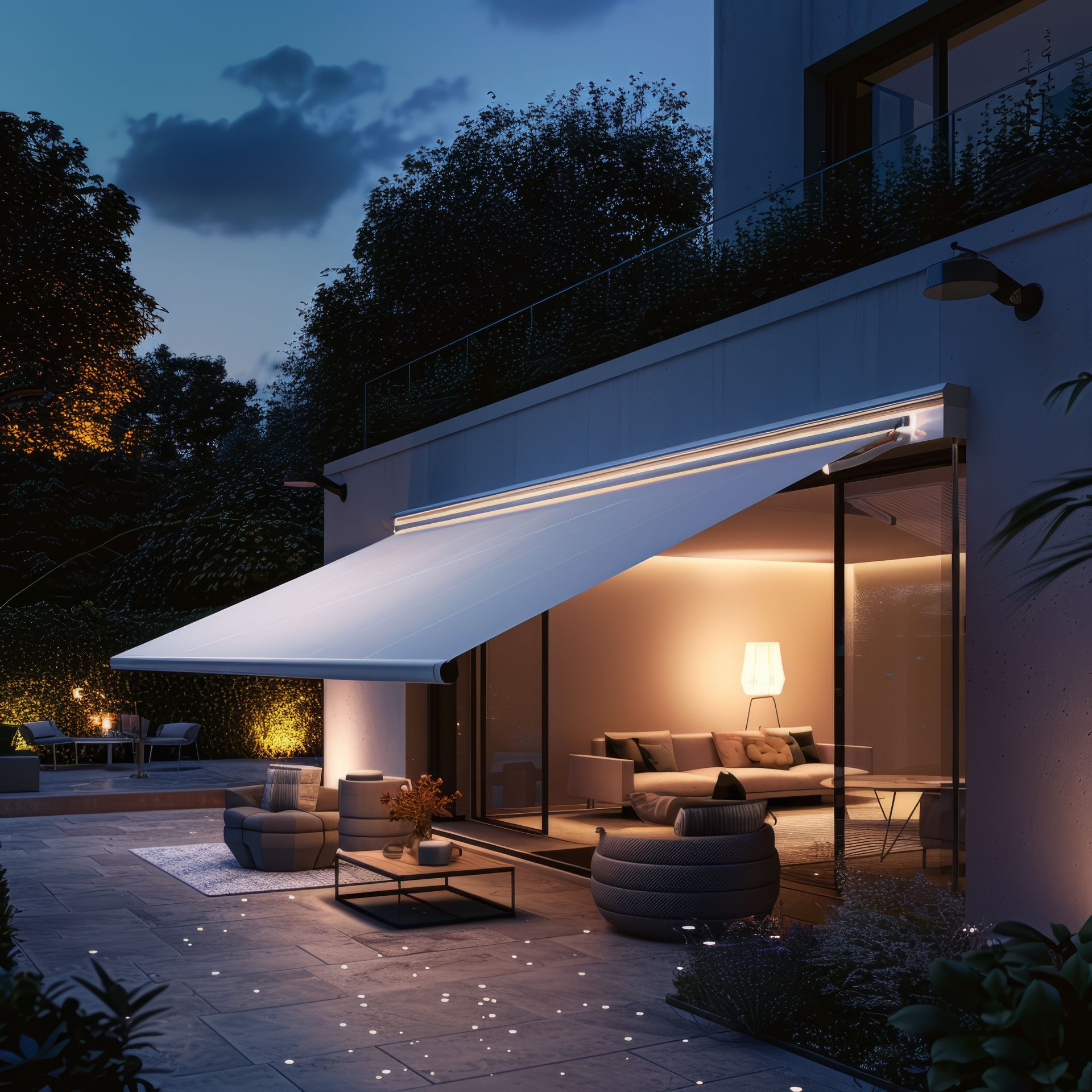 Un soggiorno con una tenda bianca sopra