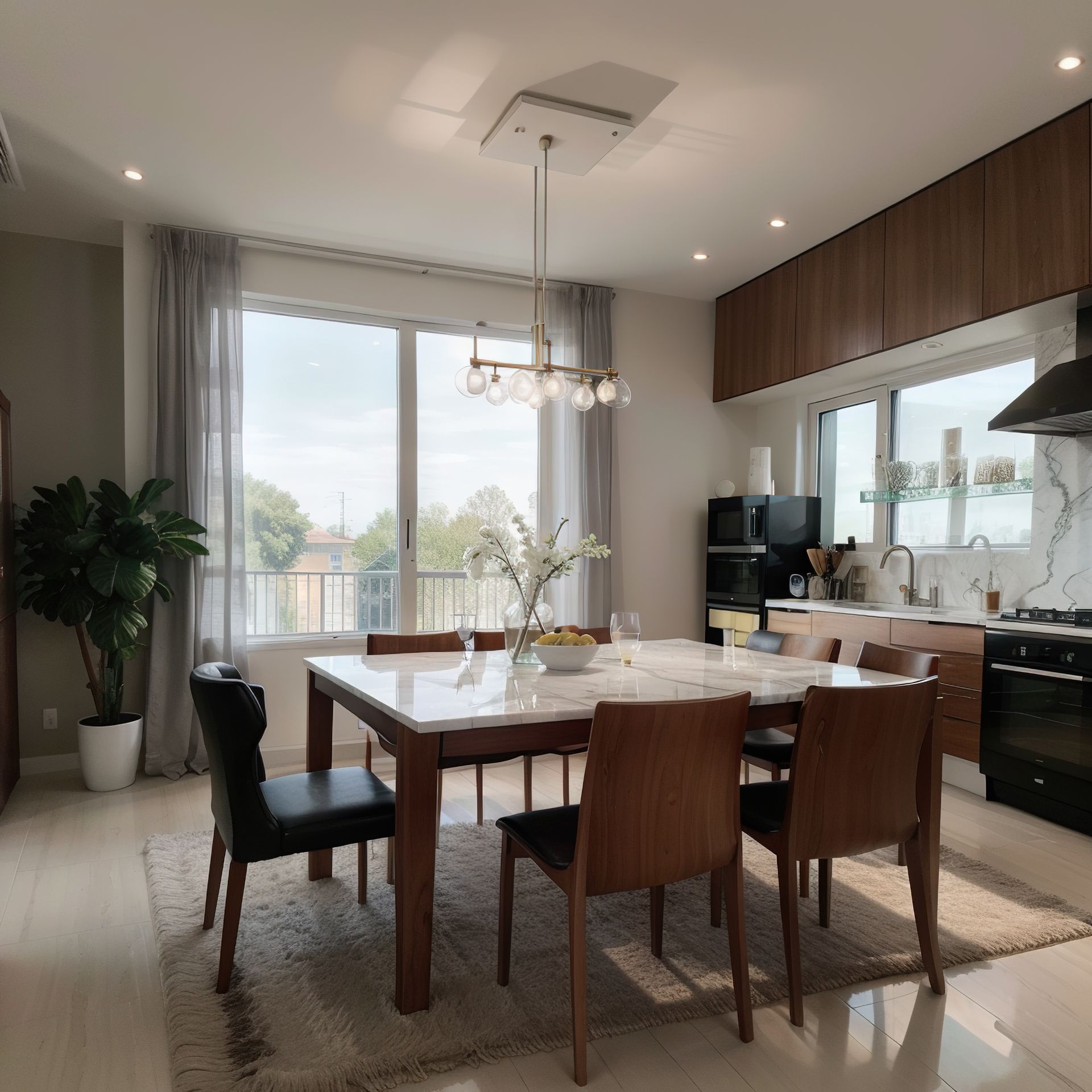 Una sala da pranzo con tavolo e sedie in marmo