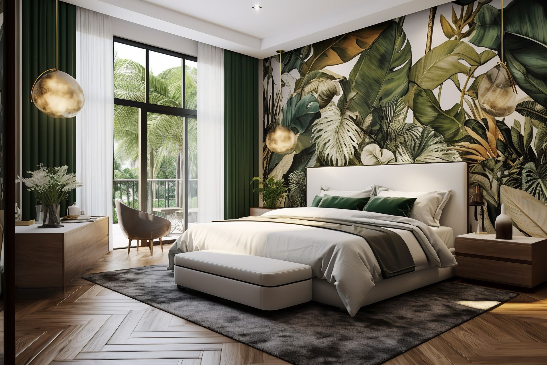 Una camera da letto con un letto grande e un grande murale sulla parete