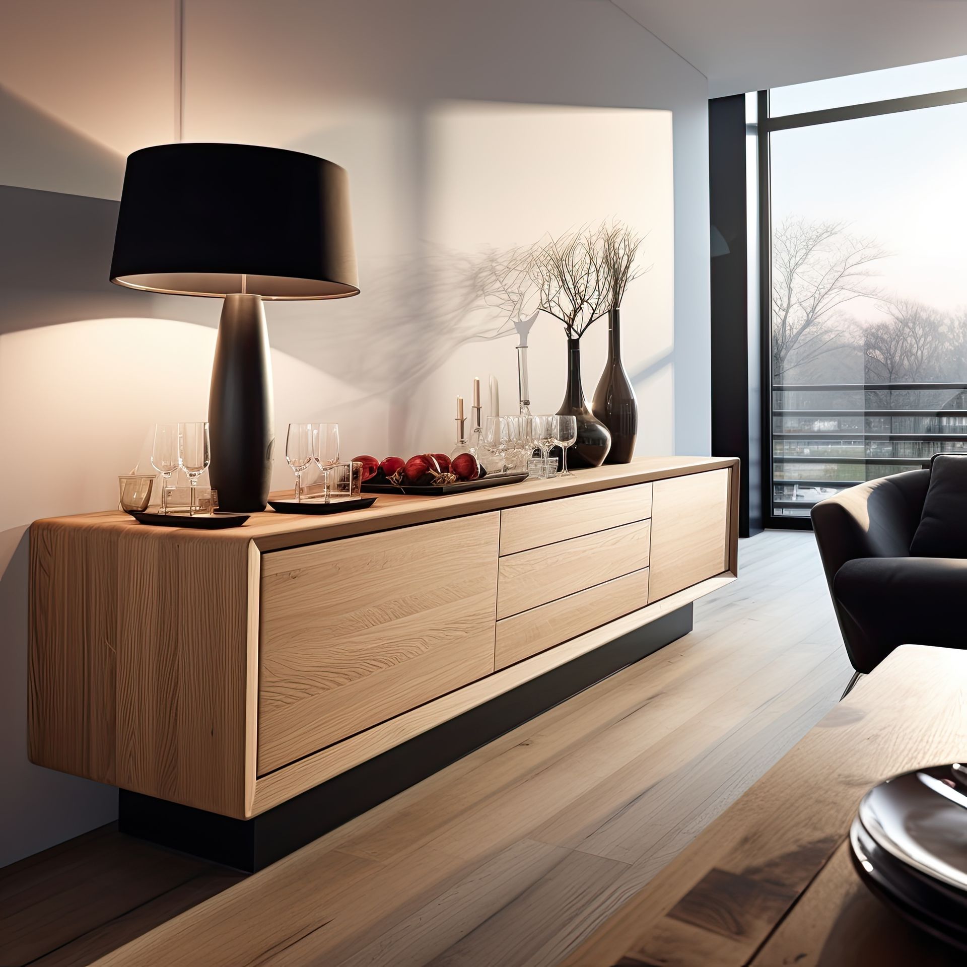 Una lampada è appoggiata su un tavolo di legno in un soggiorno