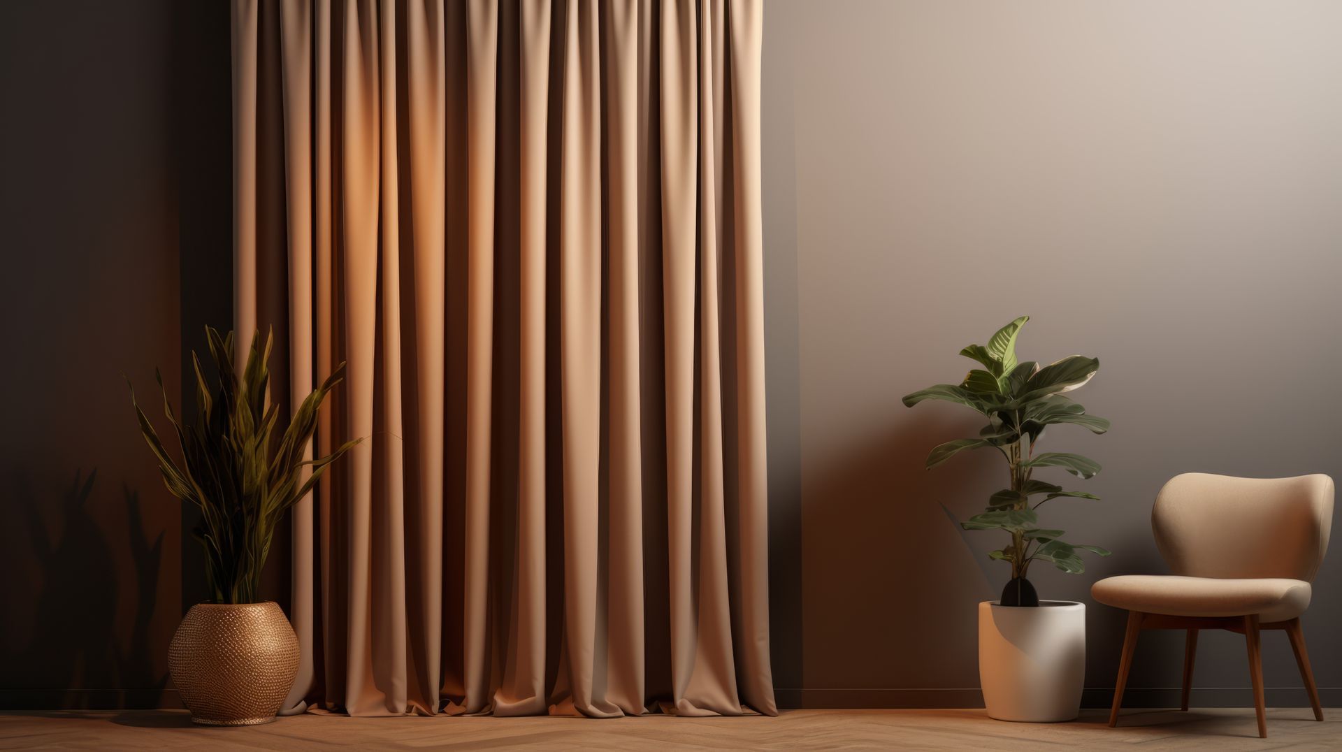 Un soggiorno con tende, una sedia e una pianta in vaso.