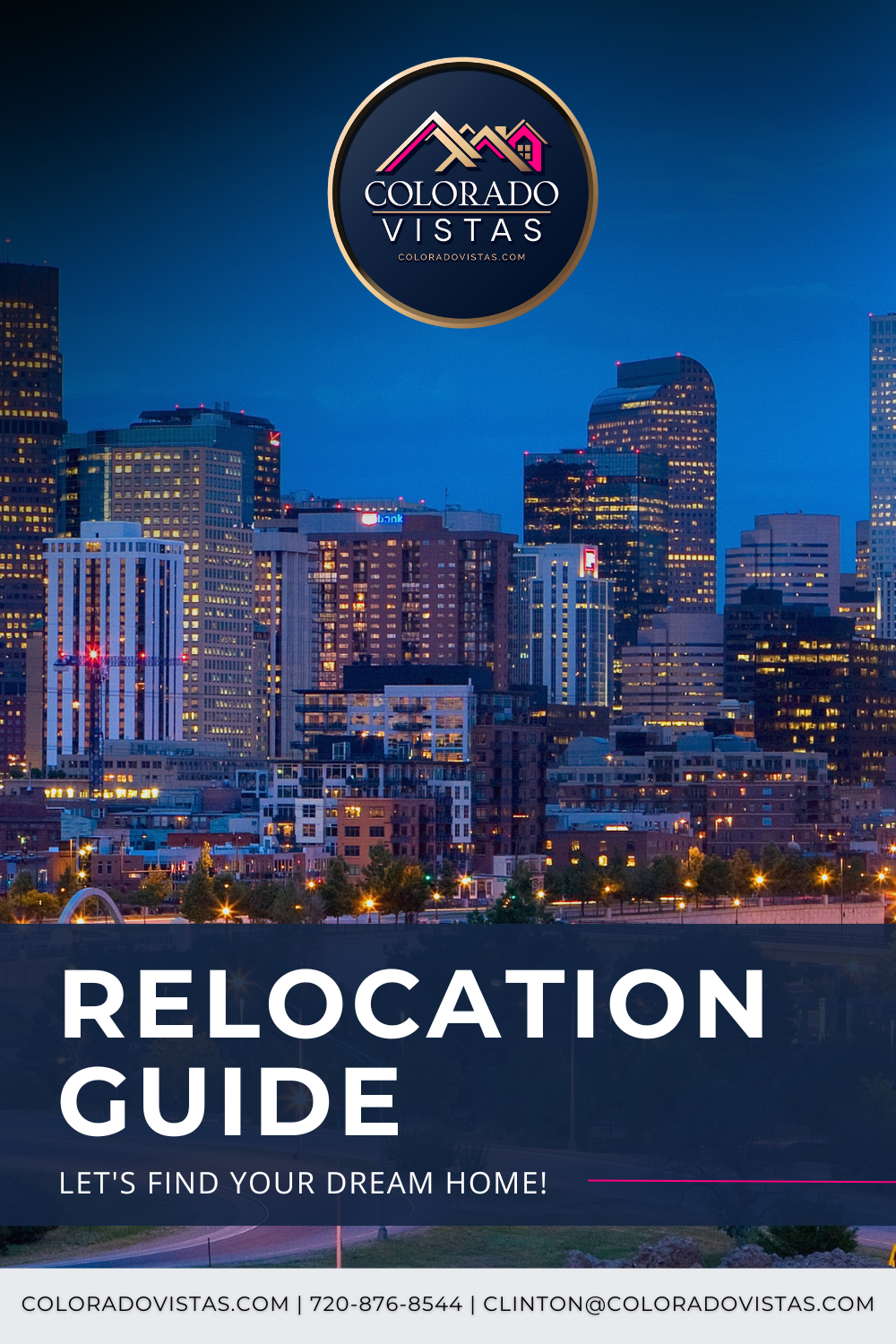 A relocation guide for colorado vistas shows a city skyline at night