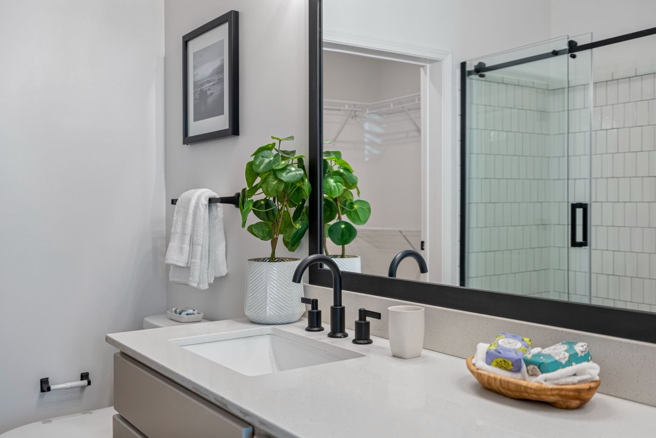 Modern apartment bathroom with white countertop, black faucet, plant, towel bar, and glass shower.