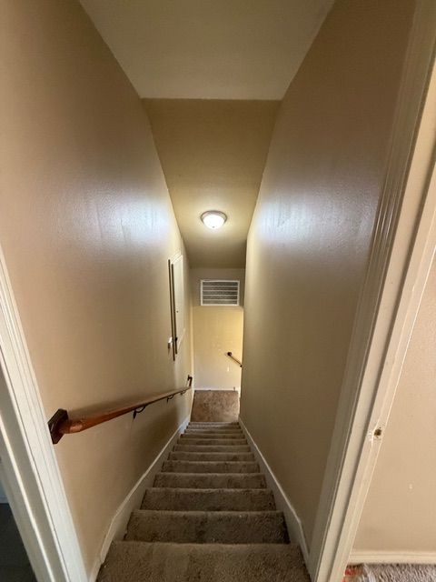 A narrow carpeted staircase descends between two tan walls, illuminated by a ceiling light at the top of the stairs.