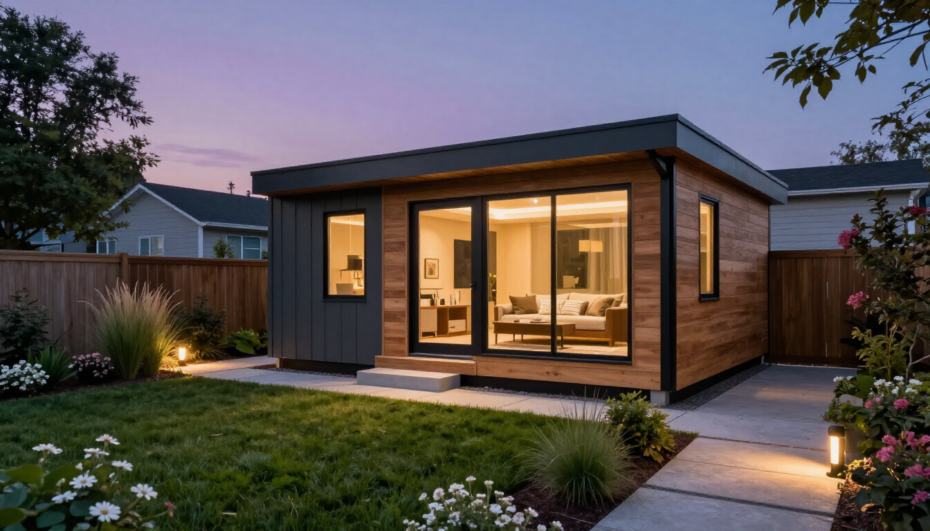 A modern accessory dwelling unit in a residential backyard.