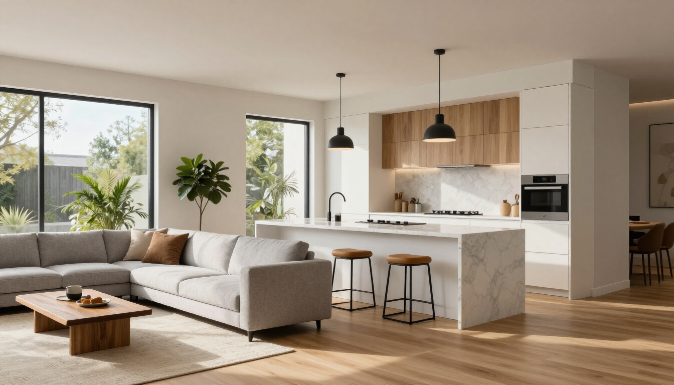 Modern interior of a custom ADU under 700 square feet with an open floor plan.