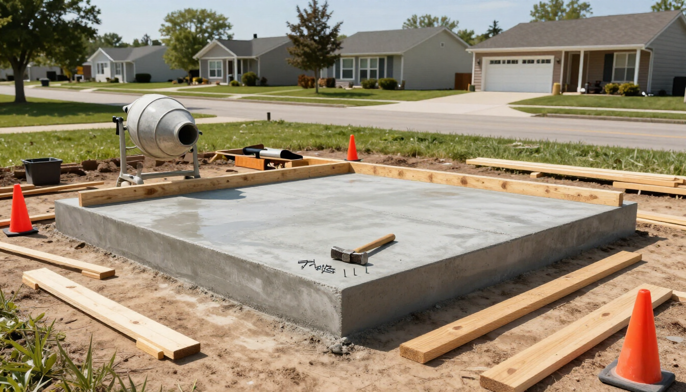 Construction of an ADU foundation in a backyard.