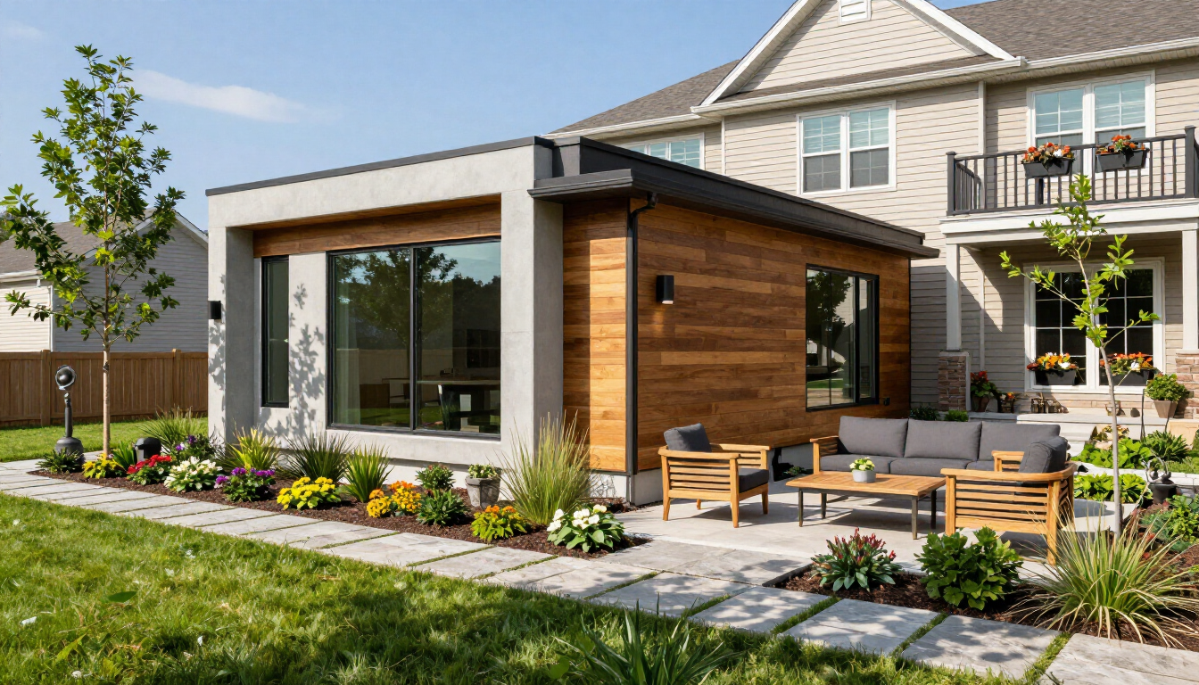 Modern detached ADU in an Overland Park backyard with professional landscaping.