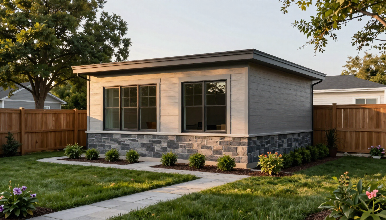 A modern tiny home ADU in a Kansas City backyard setting.
