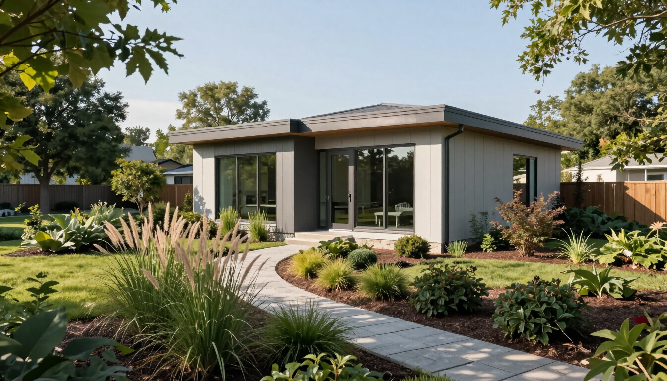 A modern backyard accessory dwelling unit in a lush green backyard.
