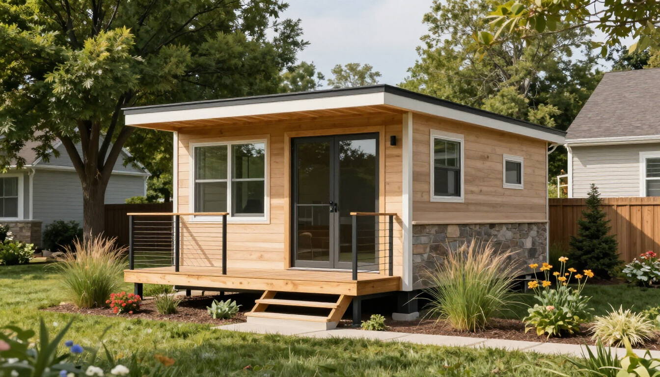 A modern senior-friendly ADU in a backyard setting.