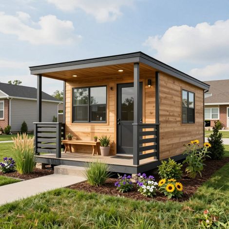 Small wooden cabin with a porch and black trim. Sitting on a grassy lawn with flowers and other houses in background.