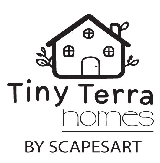 Logo for Tiny Terra Homes: house icon with greenery, text 