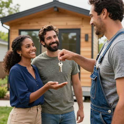 Man handing keys to a smiling couple in front of a small house.